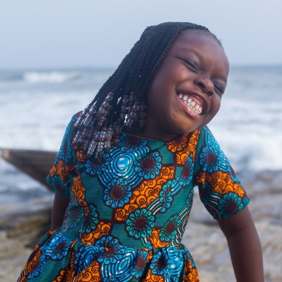 African Girl's Blue Ankara Print Dress - Picture 2 of 5